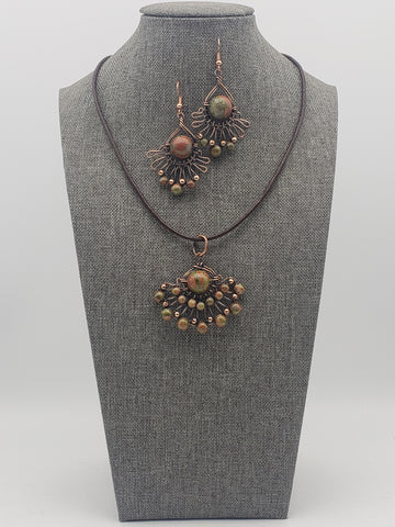 Unakite Copper Pendant & Earrings Set - jewelry