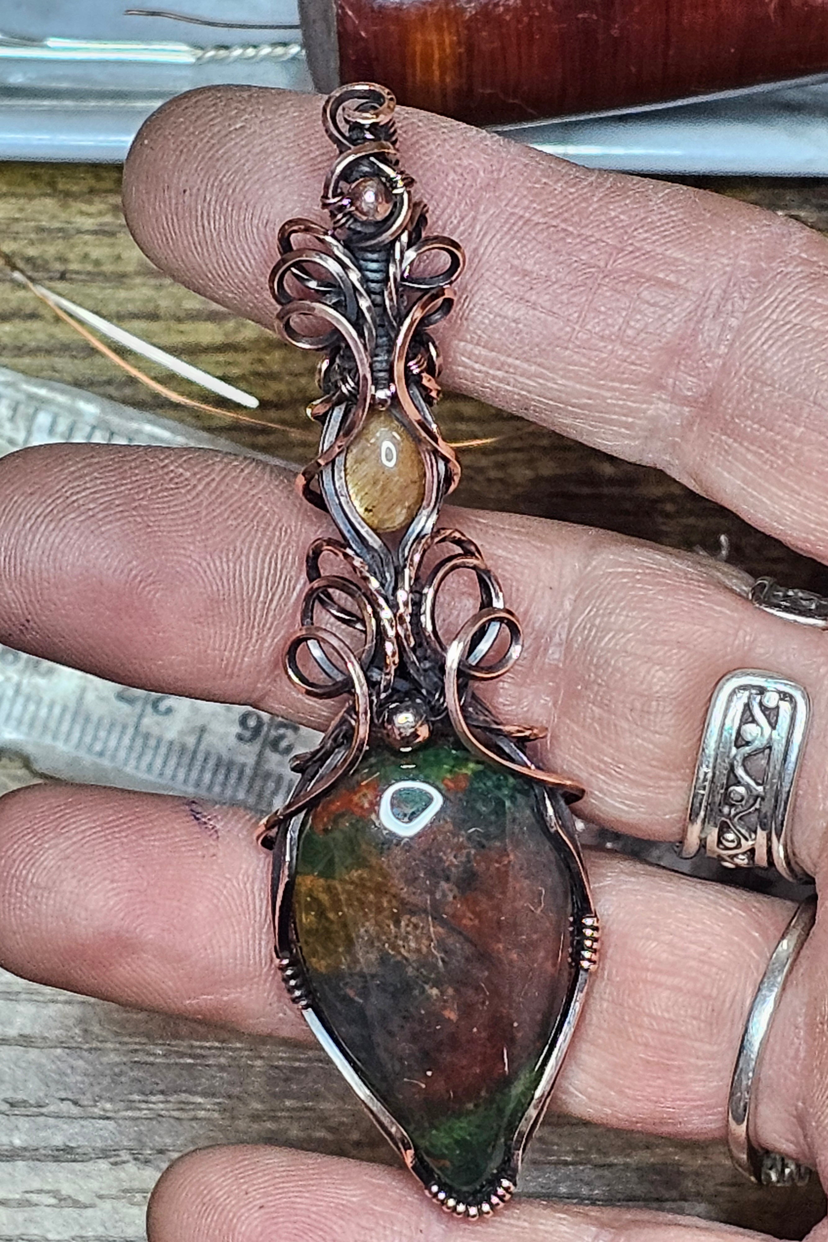 Bloodstone & Sunstone Statement Pendant Wrapped in Copper