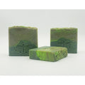 Handmade green soap bars with dragonfly imprints.