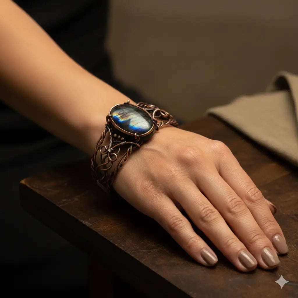 Celestial Weaver – Hand-Woven Labradorite Statement Cuff worn on a womans wrist