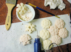 Crafting supplies for decorative snowflake and spherical shapes for Mauna Kea soap challenge