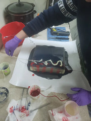 Acrylic string pull soap slab with white and red wavy lines in lapis blue tones