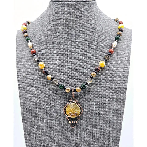 Gemstone Teardrop Pendant with Multi-Bead Necklace - Fossil