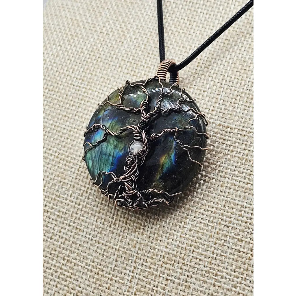 wire wrapped Labradorite & Copper Tree of Life Pendant with a selentie stone bead in the trunk.