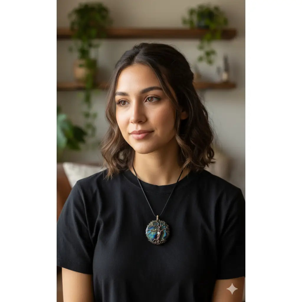 Handcrafted Labradorite & Copper Tree of Life Pendant worn by a young woman around her neck.