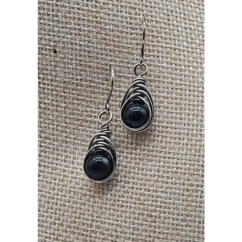 Handmade Wire-Wrapped herringbone earrings with black obsidian gemstone beads in antiqued sterling silver
