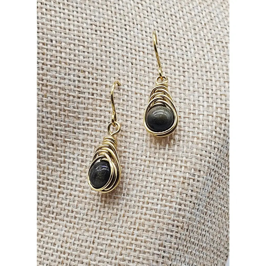 Handmade Wire-Wrapped herringbone earrings with golden sheen obsidian gemstone beads in brass