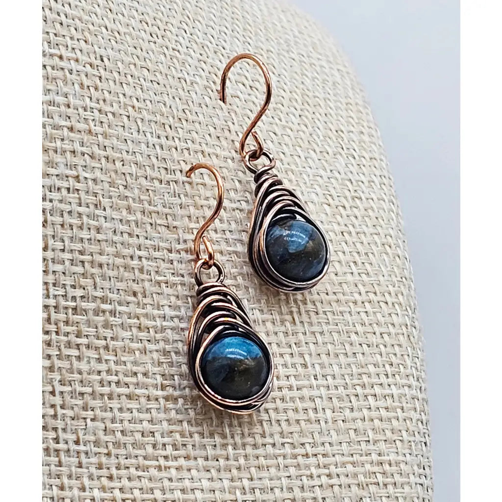 Handmade Wire-Wrapped herringbone earrings with impression jasper gemstone beads in copper