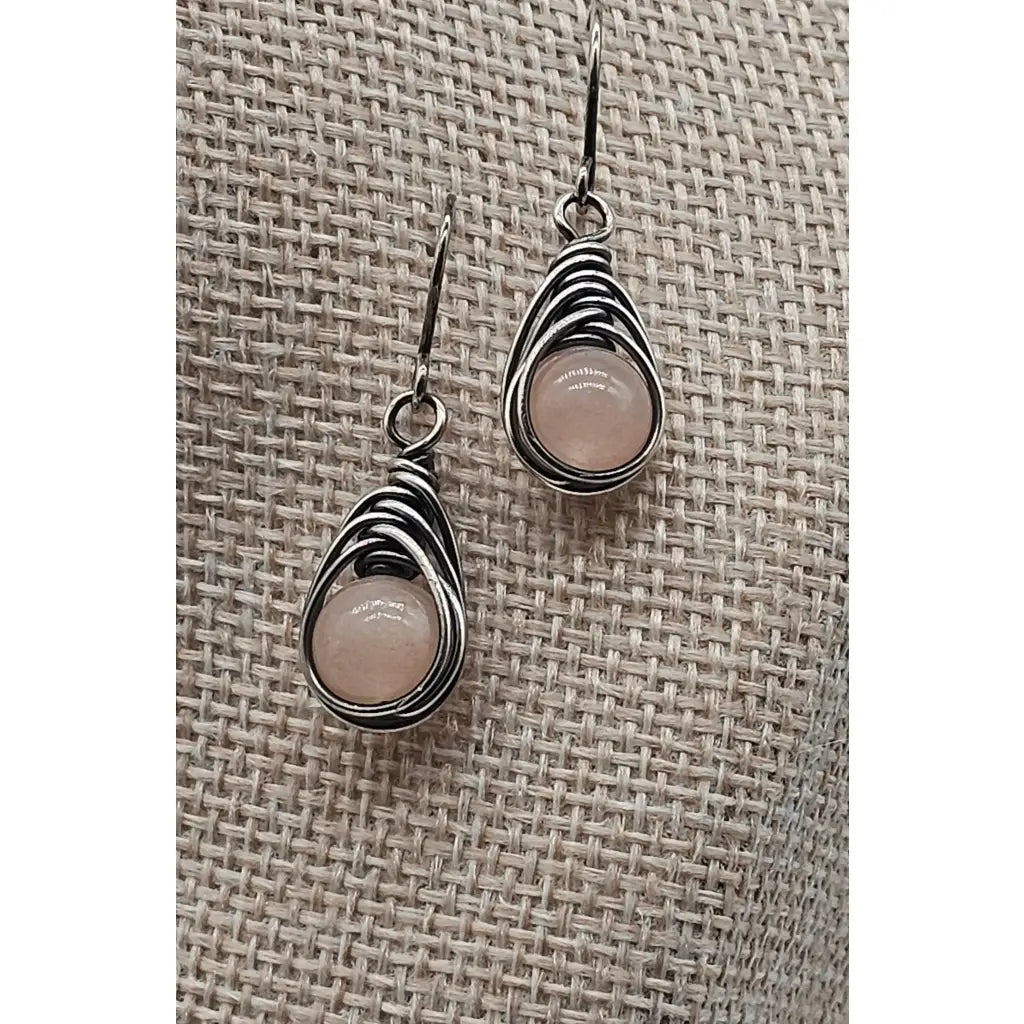 Handmade Wire-Wrapped  herringbone earrings with pink opal gemstone beads in antiqued sterling silver