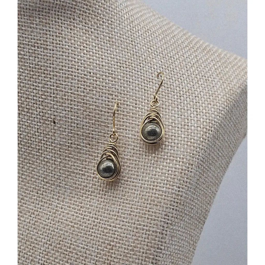 Handmade Wire-Wrapped herringbone earrings with pyrite gemstone beads in brass