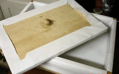 Off-white rimmed soap box with light brown lid and spherical knob for Soap Challenge