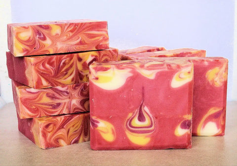 Pink and yellow sea island grapefruit tear drop swirl soap bars for artisan soap art
