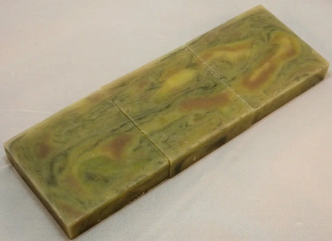 Green wood grain soap block showcasing the soap challenge and wood grain technique by Lisas Natural