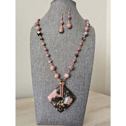 Rhodonite Necklace and Earrings Set