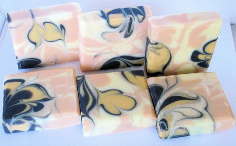 Artisan pipe swirl soap challenge with six colorful slab mold swirled soap bars