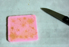 Square pink soap with orange flecks for Mauna Kea Februarys Soap Challenge Second Great Cakes