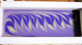 Swirled purple and white soap in a rectangular mold for Great Cakes Soap Challenge