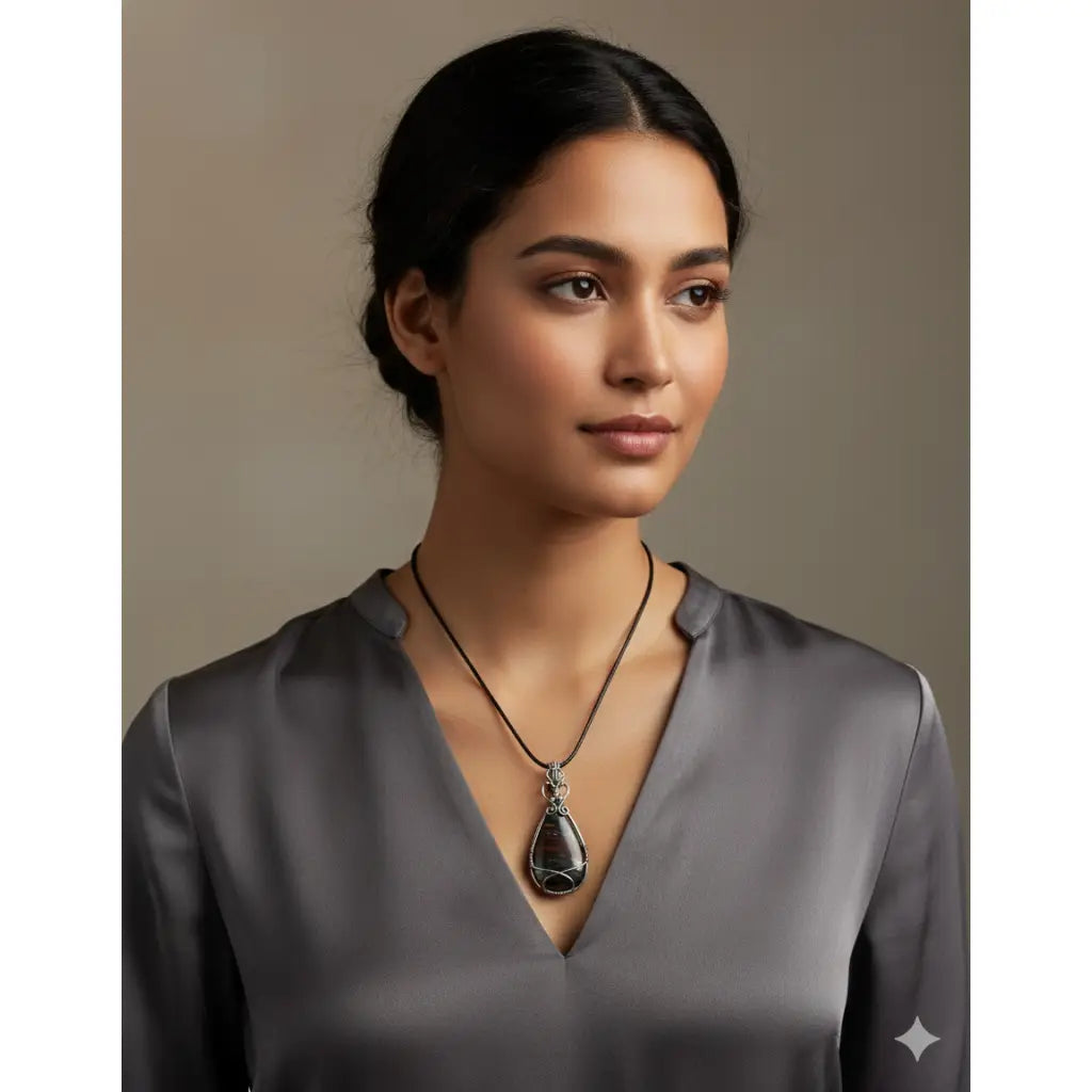 The Earth-Core Sentinel - pendant has a teardrop tiger iron cabachon intricately wire wrapped in sterling silver around a womans neck.
