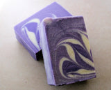Marbled purple and white soap bars from Great Cakes Soap Challenge showcasing soap recipe