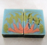 Handmade blue and green soap bars with coral design for Great Cakes Soap Challenge