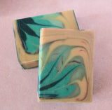Handmade soap bars with cream teal and dark green swirls from Great Cakes Soap Challenge