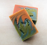 Colorful marbled soap bars from the Great Cakes Soap Challenge showcasing a unique soap recipe