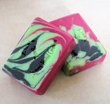 Marbled pink green and dark gray soap bars for Great Cakes Soap Challenge and soap recipe
