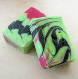 Handmade soap bars with vibrant green black and pink swirls from Great Cakes Soap Challenge