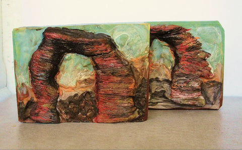 Cold process soap blocks with carved arches National Park scenes in umber brown mica