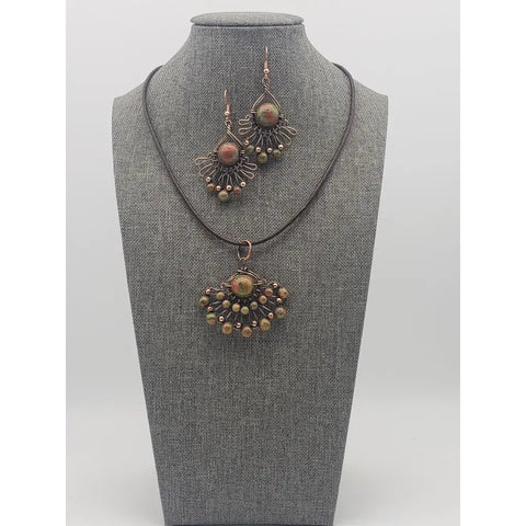 Unakite Copper Pendant & Earrings Set