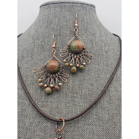Unakite Copper Pendant & Earrings Set - jewelry