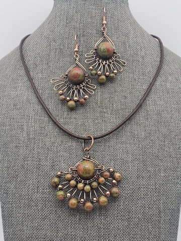 Unakite Copper Pendant & Earrings Set - jewelry