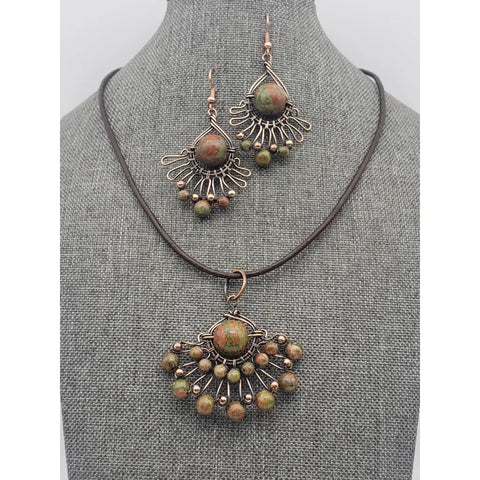 Unakite Copper Pendant & Earrings Set - jewelry