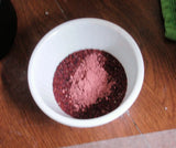 White bowl with reddish-brown and pink powders for Rimmed Soap Challenge March 2016