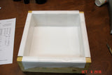 White rectangular storage box with wooden corner accents for Lisas Natural soap challenge