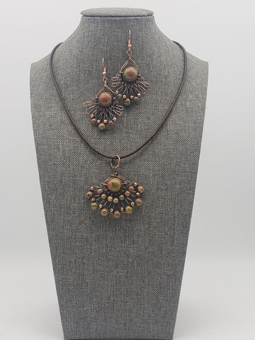 Unakite Copper Pendant & Earrings Set