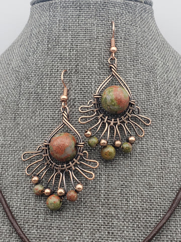 Unakite Copper Pendant & Earrings Set - jewelry